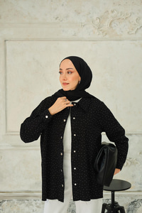 Taşlı Gabardin Gömlek Siyah