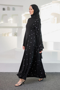 Taşlı Geniş Abaya Elbise Siyah