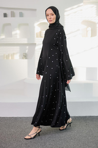 Taşlı Geniş Abaya Elbise Siyah