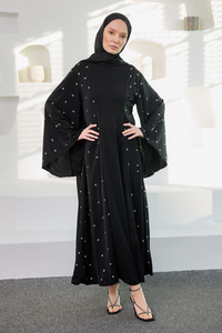 Taşlı Geniş Abaya Elbise Siyah