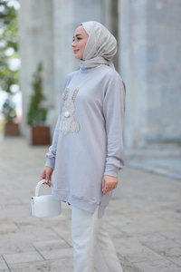 Tavşan Nakışlı Sweat Gri