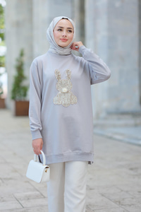 Tavşan Nakışlı Sweat Gri
