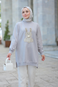 Tavşan Nakışlı Sweat Gri