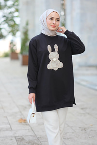 Tavşan Nakışlı Sweat Siyah