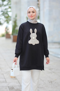 Tavşan Nakışlı Sweat Siyah