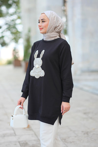 Tavşan Nakışlı Sweat Siyah