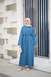 Tek Cep Detay Gömlek Yaka Kot Elbise Buz Mavi