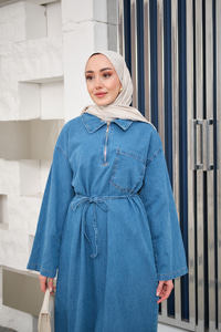 Tek Cep Detay Gömlek Yaka Kot Elbise Buz Mavi