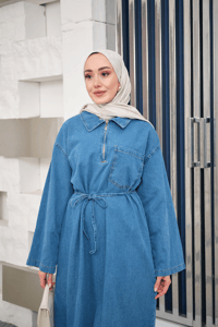 Tek Cep Detay Gömlek Yaka Kot Elbise Buz Mavi