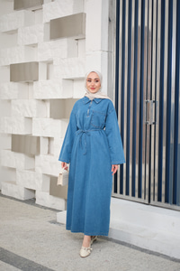 Tek Cep Detay Gömlek Yaka Kot Elbise Buz Mavi