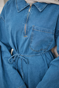 Tek Cep Detay Gömlek Yaka Kot Elbise Buz Mavi