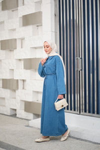 Tek Cep Detay Gömlek Yaka Kot Elbise Buz Mavi