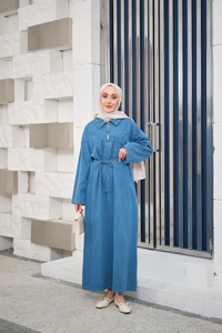 Tek Cep Detay Gömlek Yaka Kot Elbise Buz Mavi