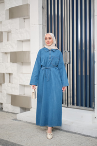 Tek Cep Detay Gömlek Yaka Kot Elbise Buz Mavi