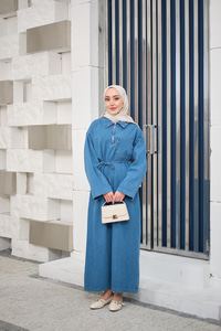 Tek Cep Detay Gömlek Yaka Kot Elbise Buz Mavi