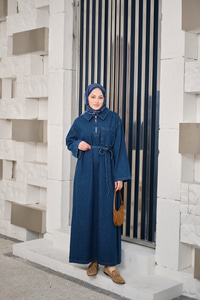 Tek Cep Detay Gömlek Yaka Kot Elbise Lacivert