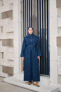 Tek Cep Detay Gömlek Yaka Kot Elbise Lacivert