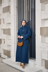 Tek Cep Detay Gömlek Yaka Kot Elbise Lacivert