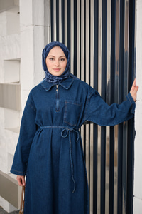 Tek Cep Detay Gömlek Yaka Kot Elbise Lacivert