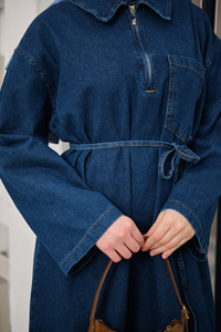 Tek Cep Detay Gömlek Yaka Kot Elbise Lacivert