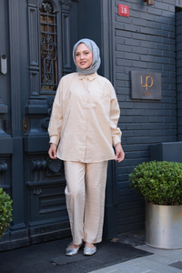 Tek Cep Detay İkili Takım Krem