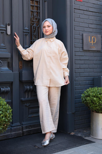 Tek Cep Detay İkili Takım Krem