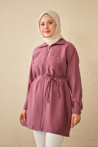 Tek Cepli Bel Bağlamalı Fermuarlı Hırka Mürdüm