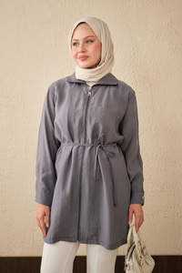 Tek Cepli Bel Bağlamalı Fermuarlı Hırka Antrasit