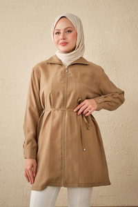 Tek Cepli Bel Bağlamalı Fermuarlı Hırka Vizon