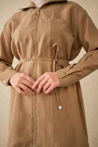 Tek Cepli Bel Bağlamalı Fermuarlı Hırka Vizon