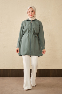Tek Cepli Bel Bağlamalı Fermuarlı Hırka Mint Yeşil