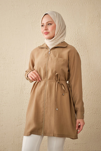 Tek Cepli Bel Bağlamalı Fermuarlı Hırka Vizon