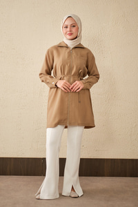 Tek Cepli Bel Bağlamalı Fermuarlı Hırka Vizon