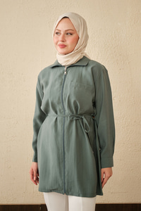 Tek Cepli Bel Bağlamalı Fermuarlı Hırka Mint Yeşil