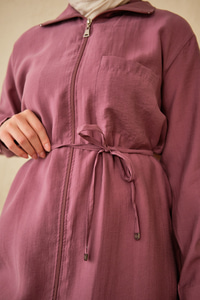 Tek Cepli Bel Bağlamalı Fermuarlı Hırka Mürdüm