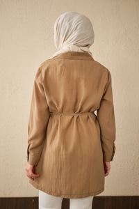 Tek Cepli Bel Bağlamalı Fermuarlı Hırka Vizon