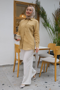 Tek Cepli Çizgili Gömlek Vizon