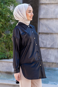 Uygun Fiyatlı TEK CEPLI DERI GORUNUMLU GOMLEK SIYAH | Loccomoda.com 