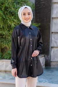 Uygun Fiyatlı TEK CEPLI DERI GORUNUMLU GOMLEK SIYAH | Loccomoda.com 