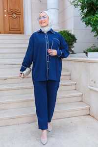 Tek Cepli Şerit Detay İkili Takım Lacivert