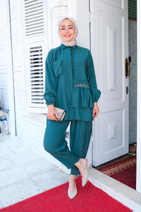 Tek Cepli Taş Detay İkili Takım  Petrol Yeşil