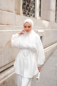 Tensel Bel Bağlamalı Gömlek Beyaz