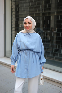 Tensel Bel Bağlamalı Gömlek Mavi