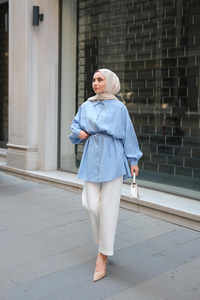 Tensel Bel Bağlamalı Gömlek Mavi