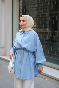 Tensel Bel Bağlamalı Gömlek Mavi