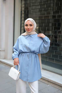 Tensel Bel Bağlamalı Gömlek Mavi