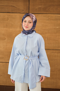 Toka Detaylı Uzun Kuşaklı Gömlek Bebe Mavi