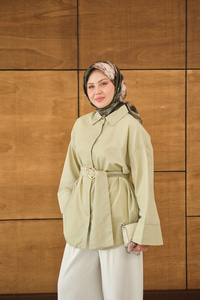 Toka Detaylı Uzun Kuşaklı Gömlek Küf Yeşil