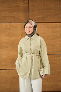 Toka Detaylı Uzun Kuşaklı Gömlek Küf Yeşil