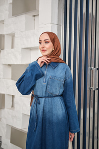 Tonsürton Detaylı Bel Bağlamalı Kot Elbise Mavi